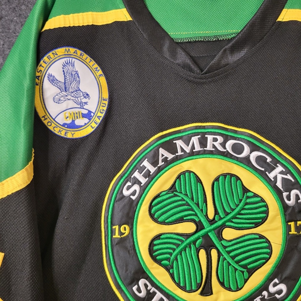 St Johns Shamrocks EMHL Hockey Jersey Mens XXL Black Green V-Neck Goons